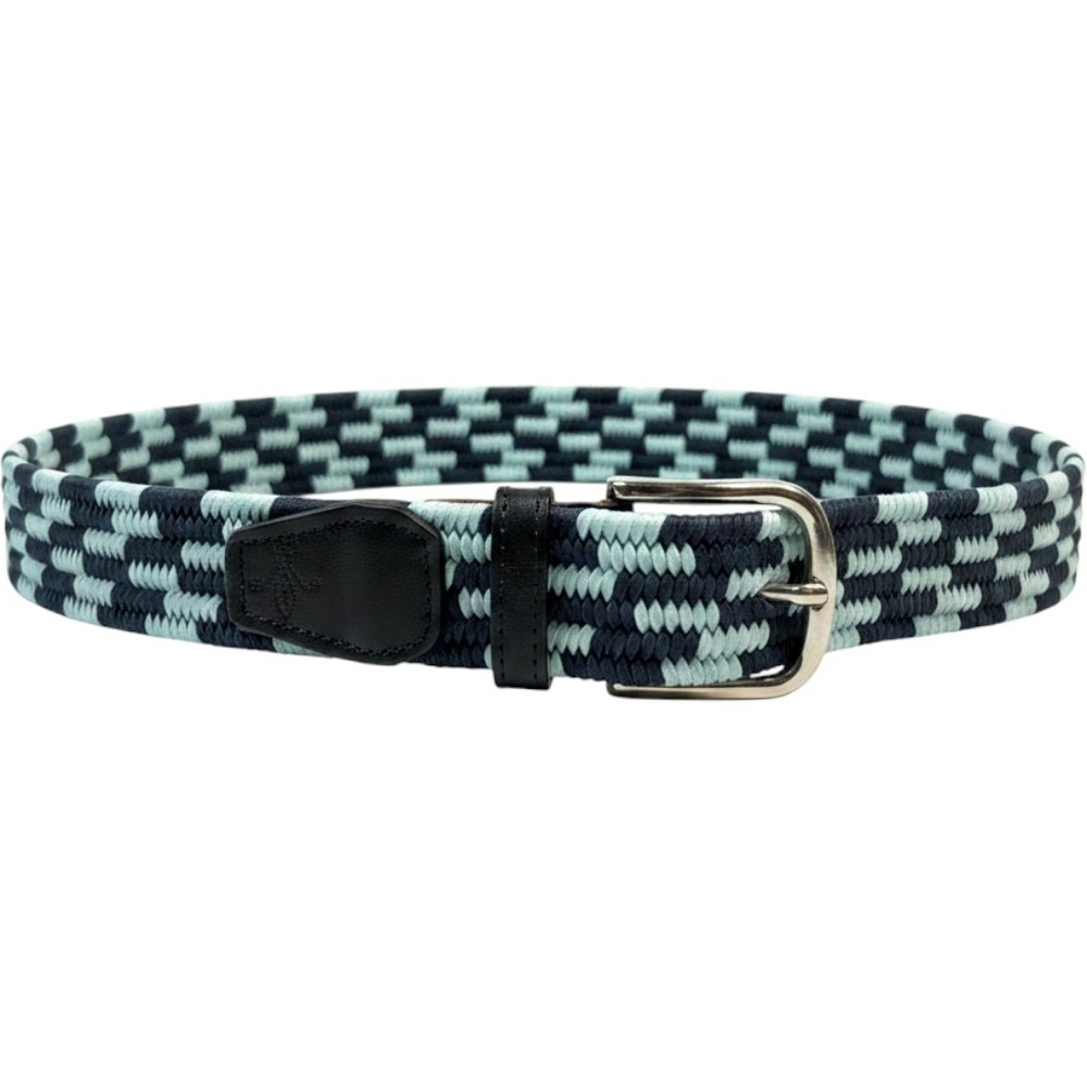 Royal Albartross Belt Mens L Navy & Blue Check Woven Elastic Leather Trim Italy